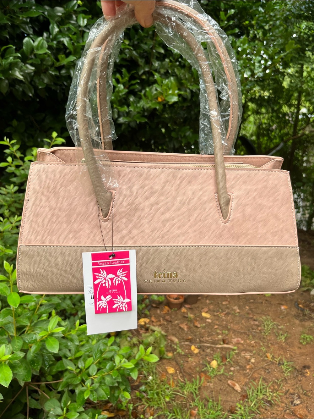 NEW Trina Turk Two-Tone Pink & Beige Tote Bag w/ Strap and studded bottom